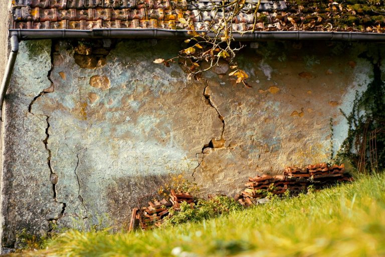 Rissige Wand eines Hauses mit verwitterter Struktur und grünem Gras im Vordergrund.